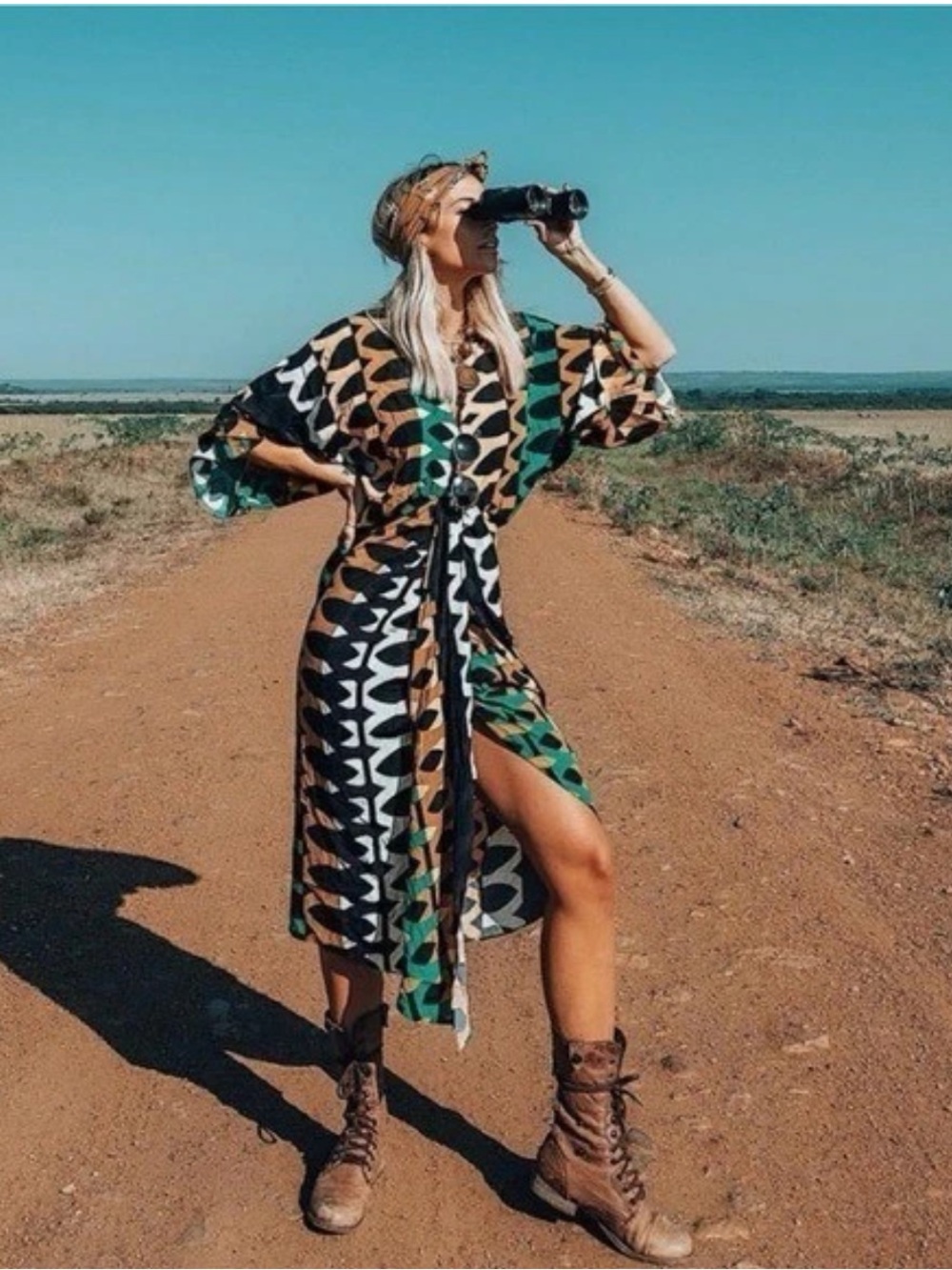 Bohemian Green Black Geometric Midi Dress